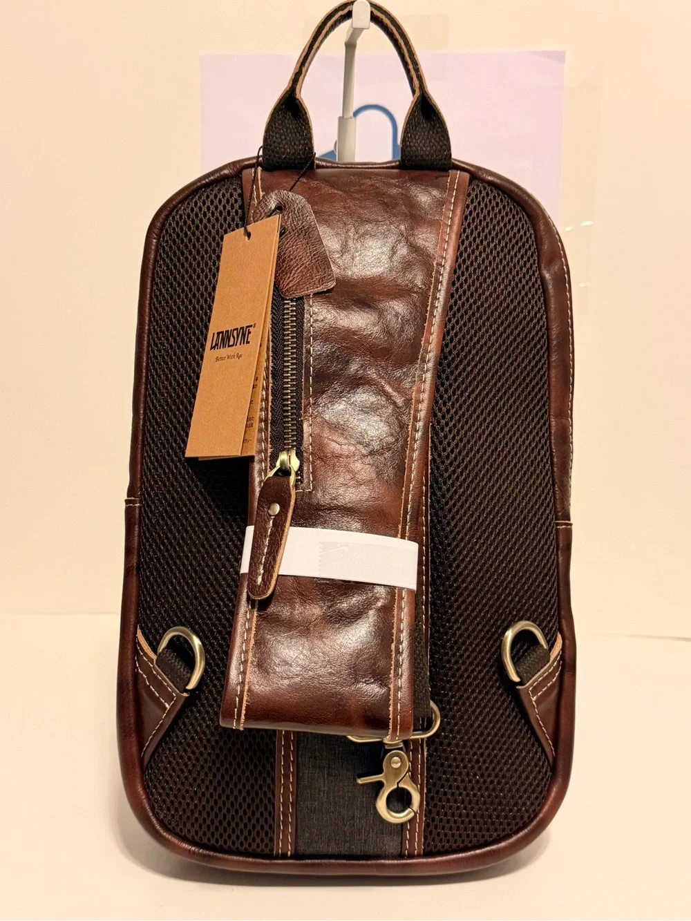 NWT Lannsyne’s Men’s Classic Full Grain Leather Sling Bag - Brown